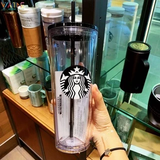 Cốc uống nước bằng nhựa họa tiết Starbucks thiết kế hai lớp trong suốt sức chứa lớn có thể tái sử dụng