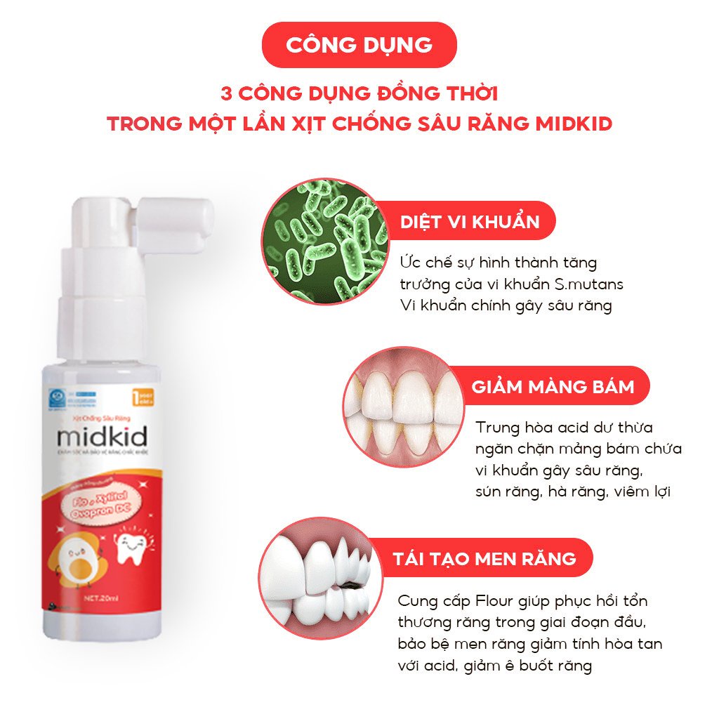 Xịt chống sâu răng MIDKID vị Táo 20ml cho bé từ 1 tuổi nuốt an toàn giúp làm sạch thơm khoang miệng, bảo vệ men răng