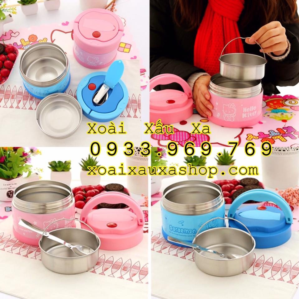 cà mên cơm inox kèm muỗng inox gấp gọn có ngăn nhỏ bên trong hình Kitty ...