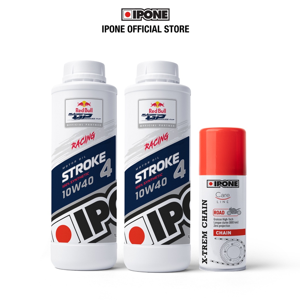 Combo 2 chai nhớt Ipone Stroke 4 Racing (1L) tặng dưỡng sên X-trem Chain Road (100ml)