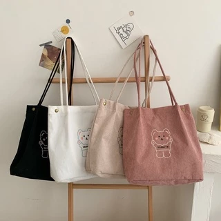 Túi tote đeo vai vải nhung gân đi học đi làm - GẤU THÊU