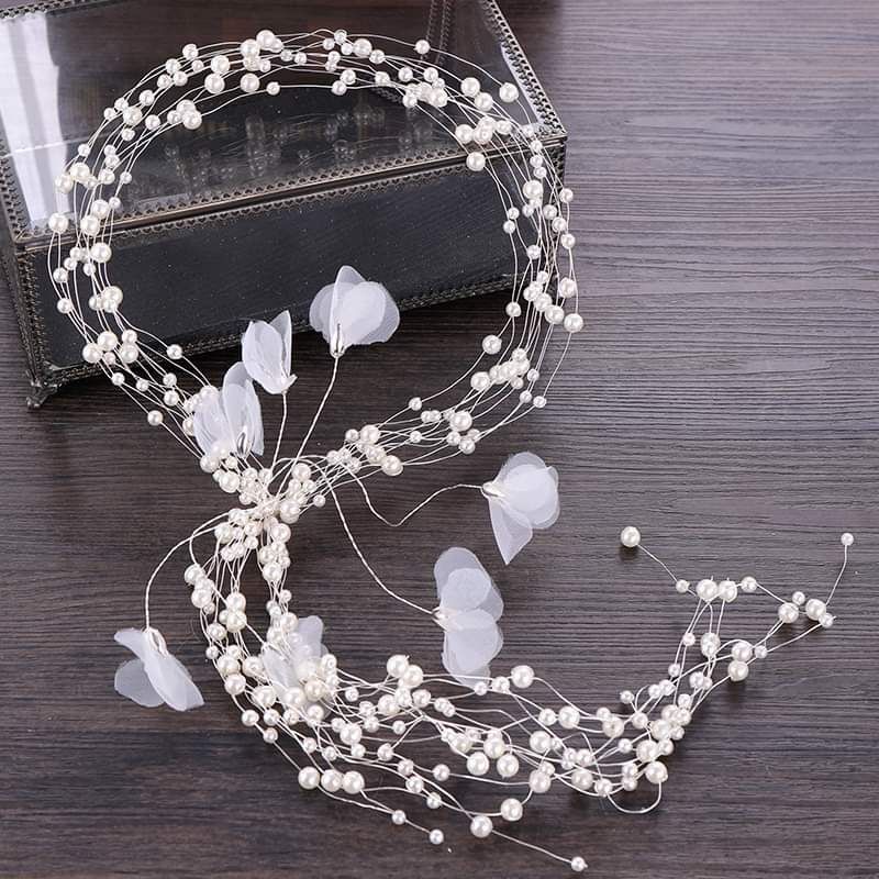 Cài tóc cô dâu hạt ngọctrai nhiều lớp phối hoa voan sang trọng tinh tế, phụ kiện cài tóc cô dâu, phụ kiện cưới