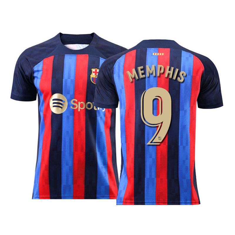 Áo lưu niệm Barcelona 2022-2023 sân nhà với hình ảnh Memphis Depay, Pedri và Messi - BS1/SB1