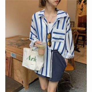 Hàng Mới Về Áo Sơ Mi Dài Tay Kẻ Sọc Dáng Rộng Phong Cách Hàn Quốc Cho Nữ Hàng Có Sẵn