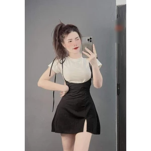 Sét váy yếm 2 dây xẻ đùi gồm áo tăm kèm yếm thắt dây