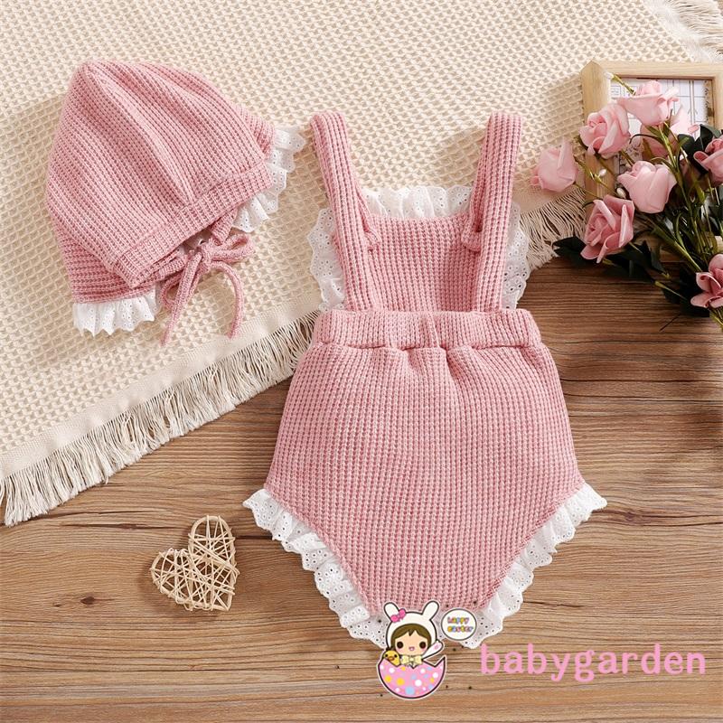 Set áo liền quần dệt kim sát nách phối bèo đính nơ màu sắc tương phản kèm mũ xinh xắn cho bé gái 0-18 tháng tuổi