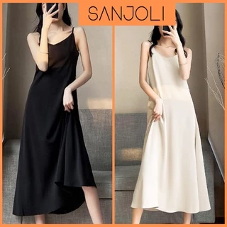 Váy Lụa 2 Dây Maxi Suông SANJOLI Đầm Đi Biển Dáng Dài Mặc đi chơi Ngủ Trẻ Trung Màu Trắng Đen VD017