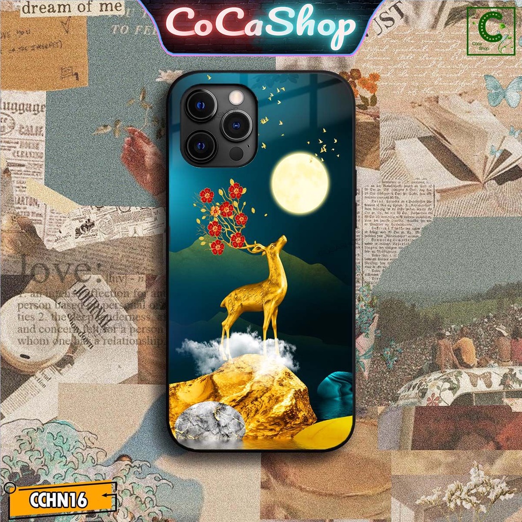 Ốp lưng iphone mặt kính cao cấp -Hươu vàng lộc lá nở hoa - 6/6plus/6s/6splus/7/7plus/8/8plus/x/.....