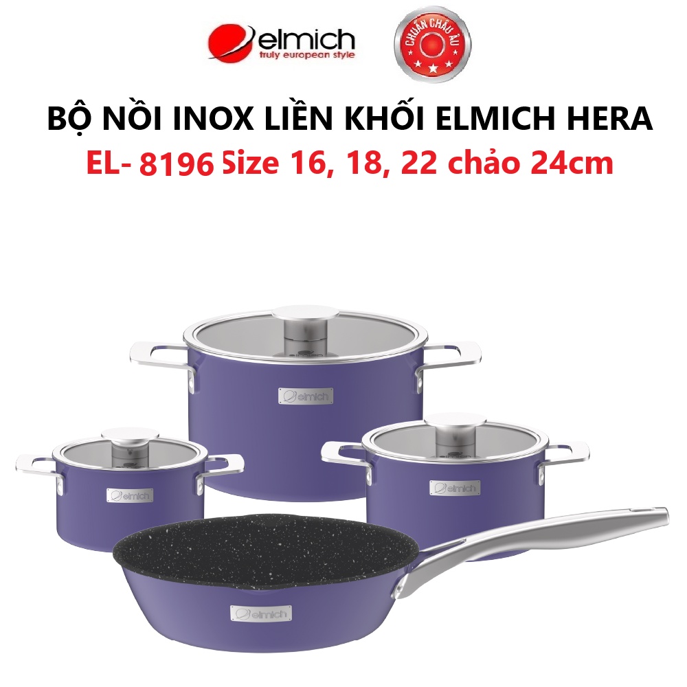 [LIFEMCMBP4 -12% đơn 250K] Bộ nồi Inox liền khối Elmich Hera Size 16, 18, 22, chảo 24cm