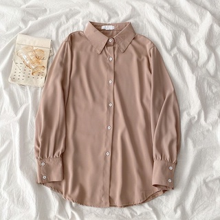 Thời Trang Hàn Quốc Nữ Tính Khí Dài Tay Rời Màu Trơn Áo Sơ Mi Phù Hợp Với Áo Baju Baju Wanita Lengan Panjang
