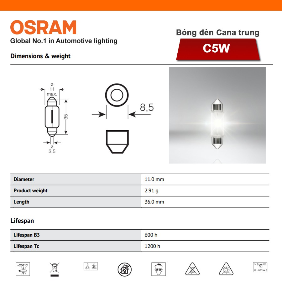 Combo 10 Bóng Đèn Cana Trung OSRAM Original C5W 12V 10W