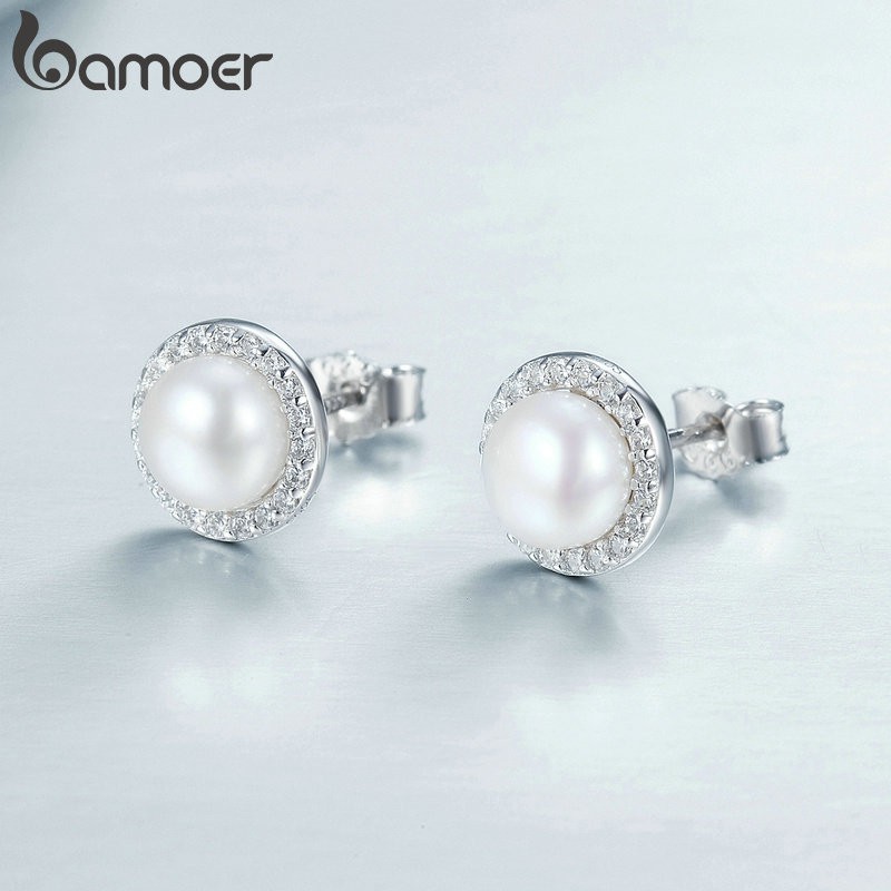 BAMOER Khuyên Tai Tròn bạc 925 Đính Ngọc Trai cz Lấp Lánh Phong Cách Cổ Điển Cho Nữ sce122