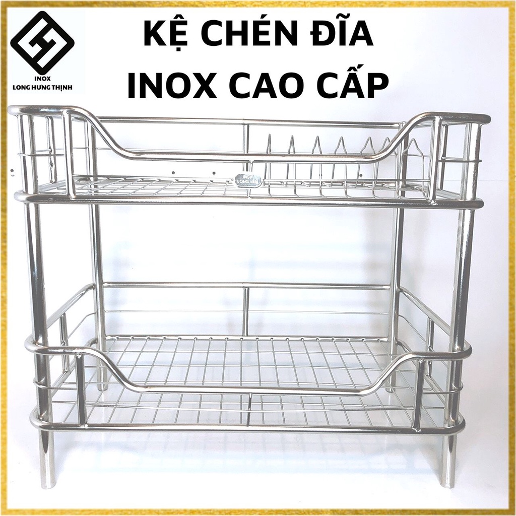 Kệ chén đĩa INOX cao cấp 100% (30x50x42) 2 tầng, có sóng đĩa, kệ để tô ...