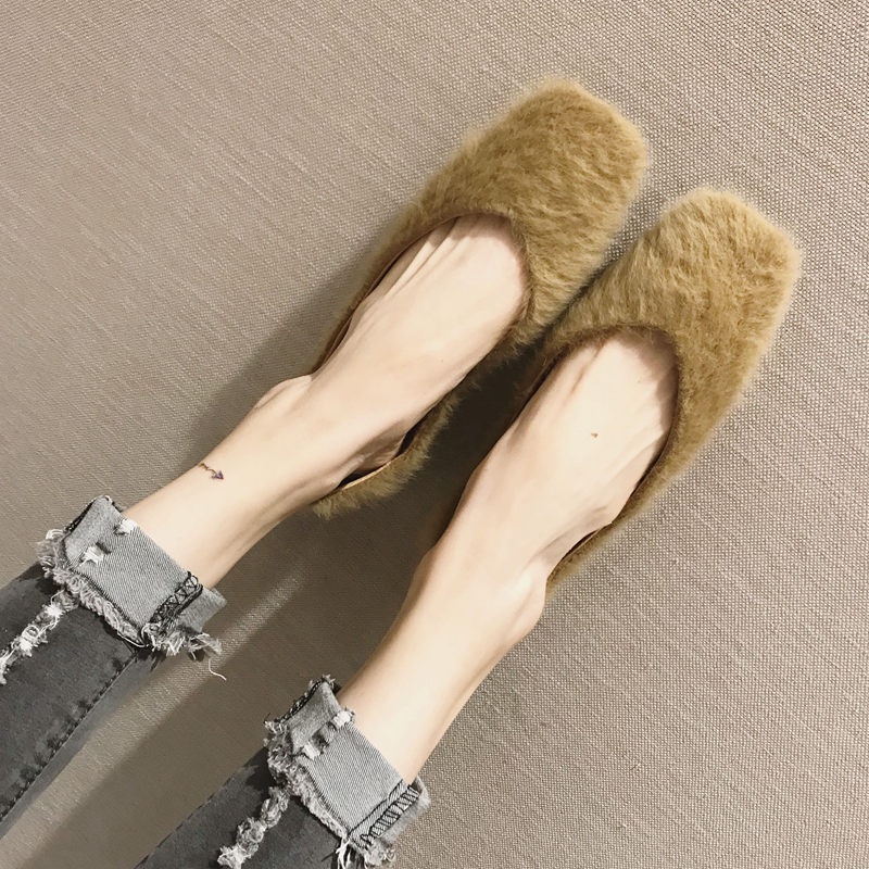 Size Lớn (31-45)✨Thời Trang Đế Bằng Nữ Phiên Bản Hàn Quốc Chồn Len Tất Cả Trận Đấu Đế Mềm Ngón Chân Vuông Giày Lông Nữ Giày Đơn Size Lớn 45 44 43 Công Nhân Văn Phòng Chị Em