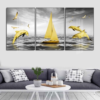Tranh Treo Tường Thuyền Và Đàn Cá Heo - Tranh Phong Thủy Treo Phòng Khách, Phòng Ngủ Laminate Tráng Gương