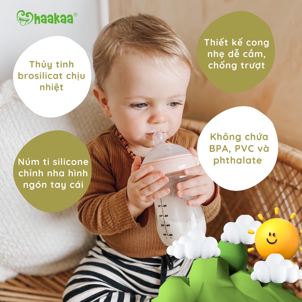 Mô tả Bình sữa thủy tinh Gen.3 Haakaa. Chất liệu cao cấp, an toàn. Không chứa BPA, PVC và phthalate - 1