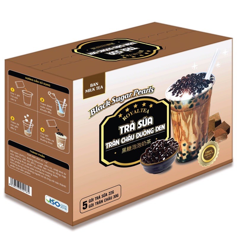 Trà Sữa Trân Châu Royal Tea/ Hillway Tự Pha Vị Chân Trâu Đường Đen Hộp 8  gói (kèm trân châu)