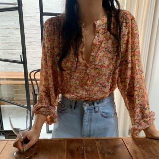 Phong cách hàn quốc nữ nữ dáng rộng voan hoa áo sơ mi dài tay baju baju wanita lengan panjang