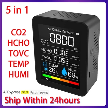 Máy đo CO2 5 in1 Máy đo cảm biến độ ẩm nhiệt độ kỹ thuật số Máy đo chất lượng không khí Carbon Dioxide TVOC Formaldehyde HCHO