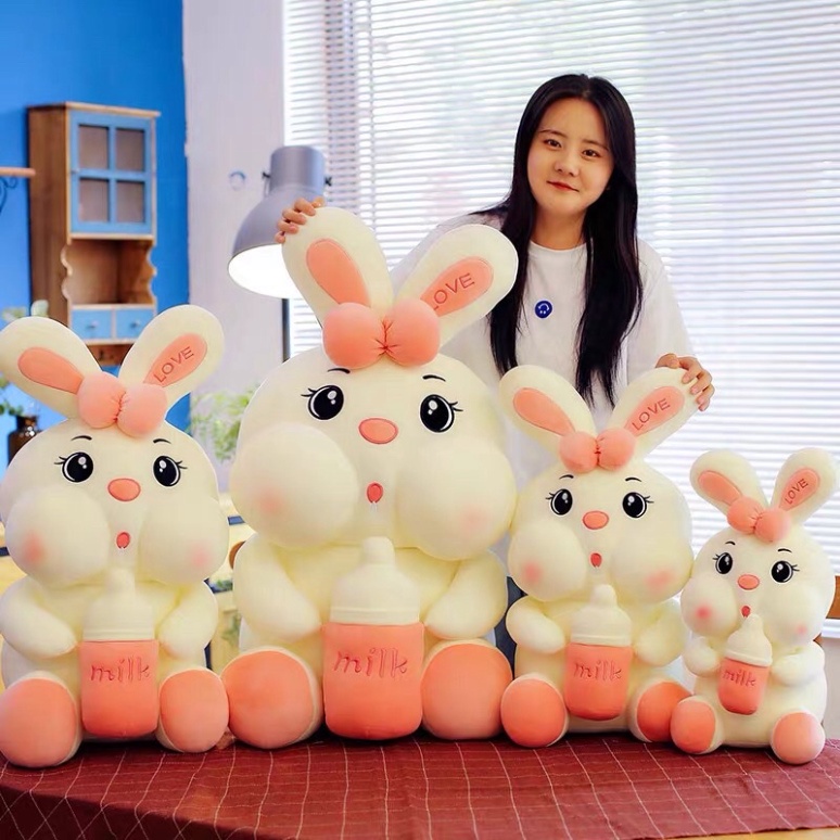 Gấu Bông Thỏ Ôm Bình Sữa Cao Cấp Đáng Yêu Vải Nhung Mềm Mịn Có Khóa Kéo Babi Mama G35