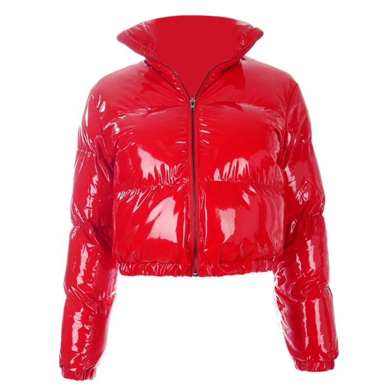 Áo khoác parka bọc kim loại giả da sáng bóng, tay dài, cổ đứng, thiết kếcrop