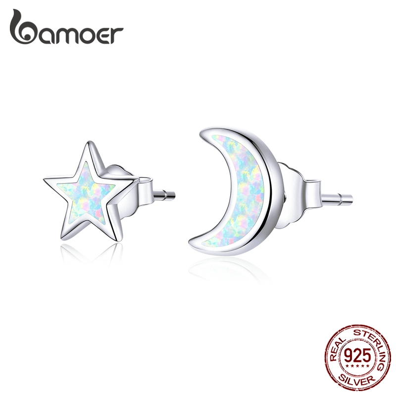 Bamoer Bông Tai bạc 925 Hình Mặt Trăng Và Ngôi Sao Đính Đá opal sce875