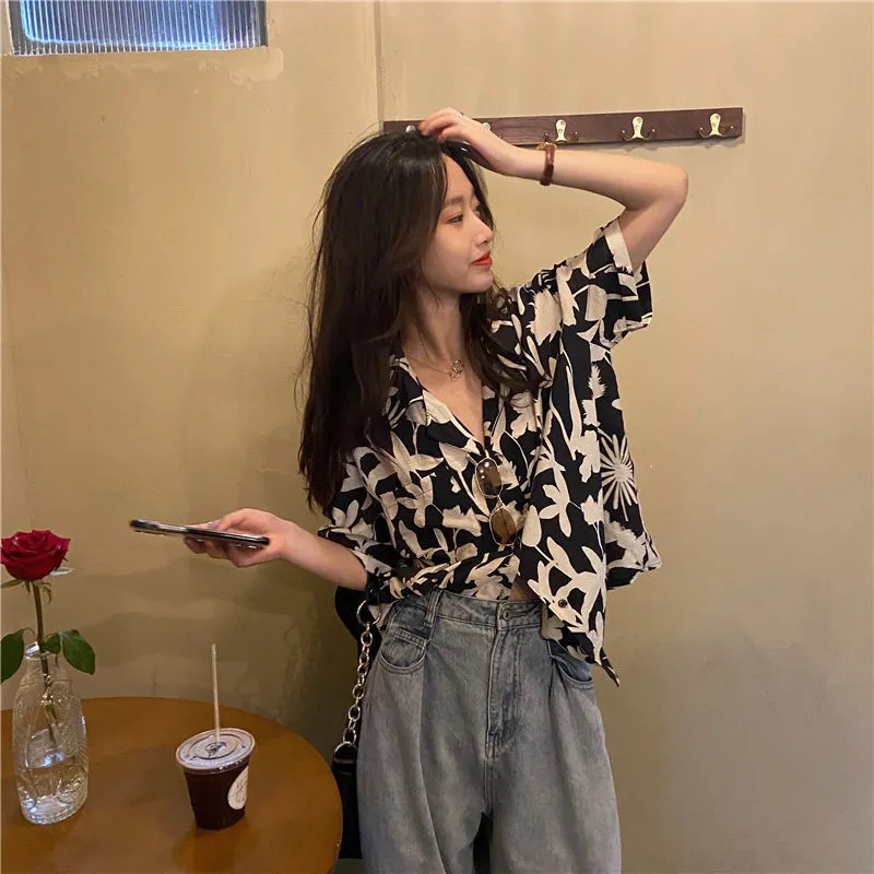 Áo sơ mi SUXI tay ngắn họa tiết hoa phong cách retro thời trang cho nữ