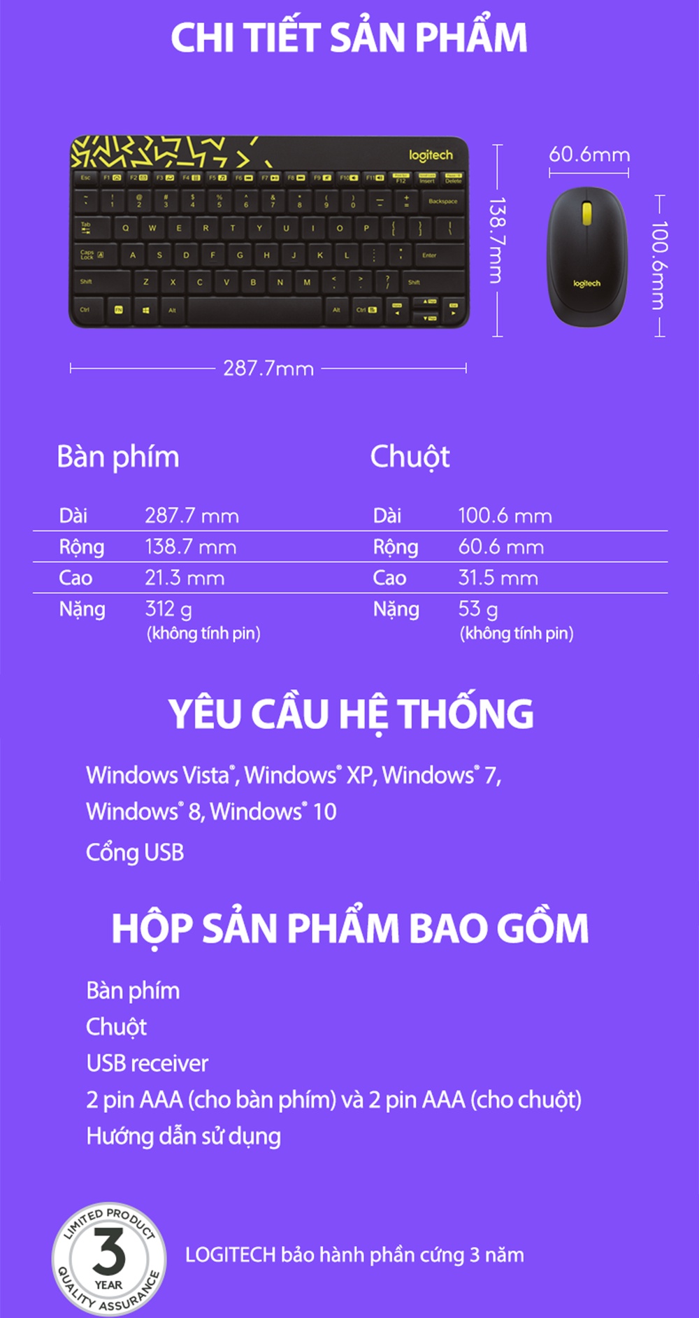 Mô tả Combo chuột phím không dây Logitech MK240 - nhỏ gọn, 1 đầu thu USB, pin lâu - 7
