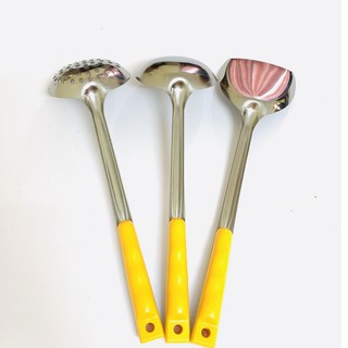 Bộ Muôi Inox Cao Cấp Cán Nhựa Vàng ( Muôi Thủng - Muôi Canh - Xẻng Xào)