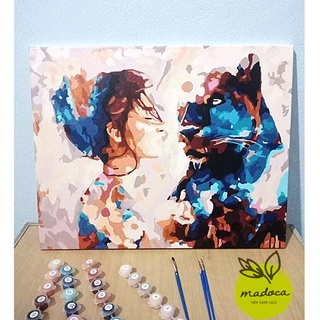Tranh số hóa tự tô Madoca có khung 40x50cm cô gái và báo đen T2050
