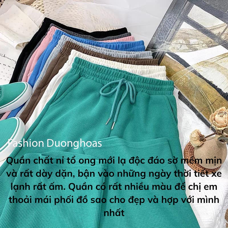 Quần ống rộng suông nữ nỉ tổ ong cạp chun có dây rút phong cách Hàn Quốc