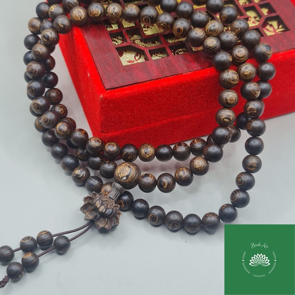 Vòng Cổ Trầm Hương 108 Hạt Sánh Chìm Mix Charm Hoa Sen - Chuỗi Tràng Hạt Phong Thủy Bình An (Kèm Hộp & Nụ Trầm)