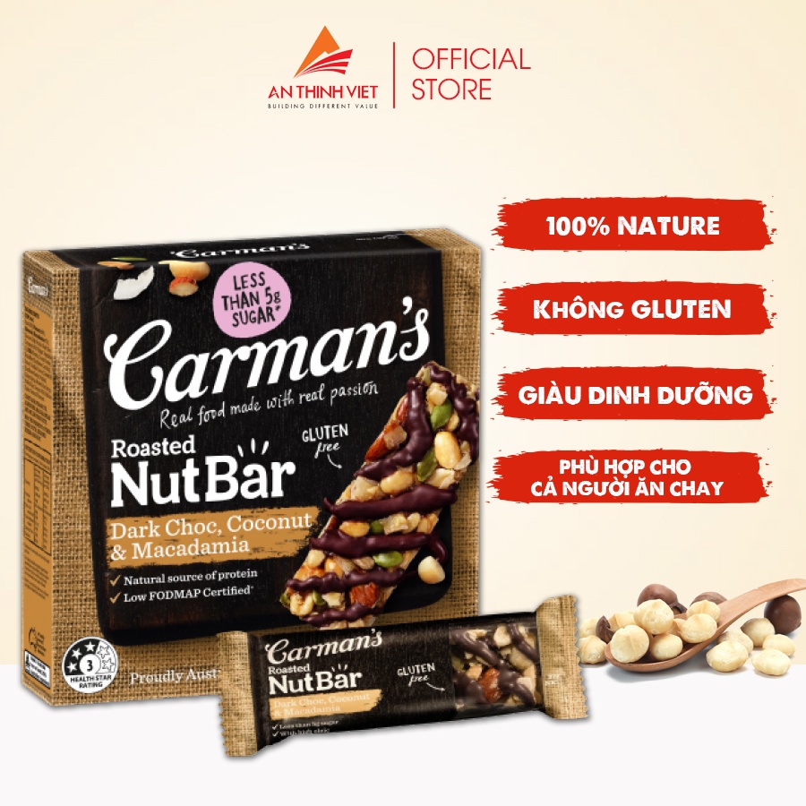 Thanh Hạt Carmans Nut Bar Dark Choc, Coconut, Macadamia - Chocolate đen, Dừa, Hạt Maca - 160g