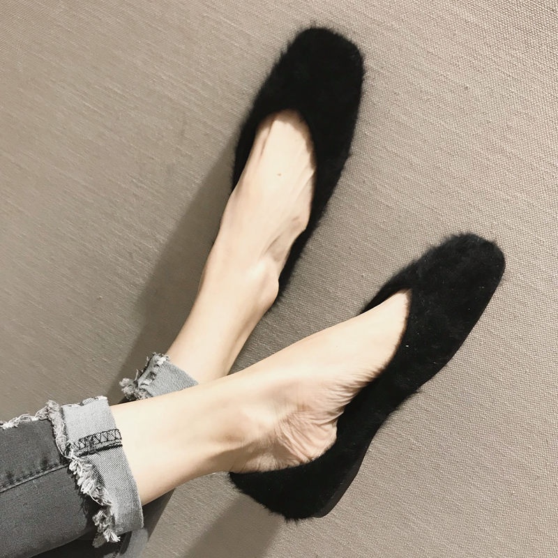 Size Lớn (31-45)✨Thời Trang Đế Bằng Nữ Phiên Bản Hàn Quốc Chồn Len Tất Cả Trận Đấu Đế Mềm Ngón Chân Vuông Giày Lông Nữ Giày Đơn Size Lớn 45 44 43 Công Nhân Văn Phòng Chị Em