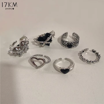 Set nhẫn 17KM màu bạc đơn giản mỏng khoét rỗng hình trái tim phụ kiện trang sức cho nam nữ (có bán lẻ)