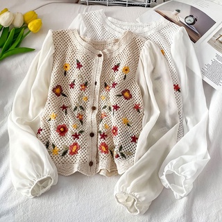 Áo Dệt Kim Nữ Tay Dài Phối Ren Phong Cách Hàn Quốc