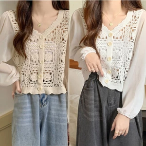 PCF * Phong Cách Hàn Quốc Nữ Voan Puff Dài Tay Cardigan Rỗng Móc Đan Hoa Cổ Chữ V Nút Cho Áo Khoác Cho Su