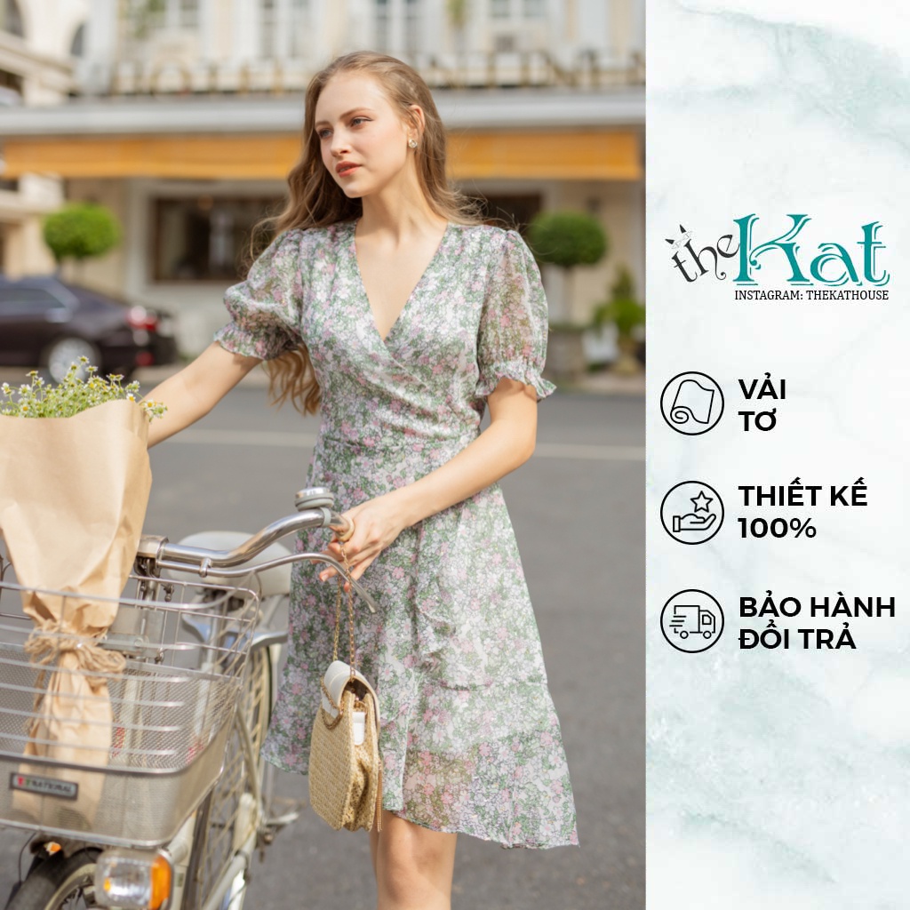 Đầm Hoa Lisa Cổ V, vải tơ Gân mịn mát, không nhăn, dịu dàng, thanh lịch
