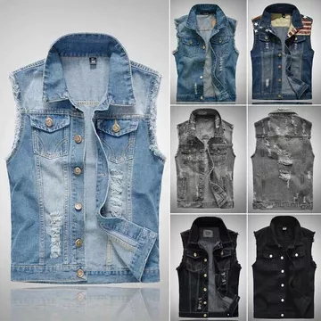 Áo khoác nam Áo khoác nam Áo khoác denim Áo denim Áo Jean Áo ngoài không tay Áo denim rách Áo cao bồi
