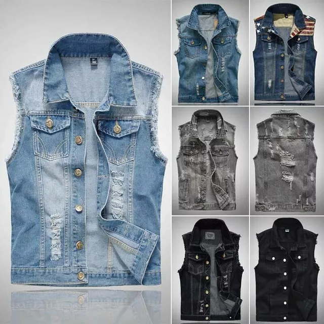 Áo khoác nam Áo khoác nam Áo khoác denim Áo denim Áo Jean Áo ngoài không tay Áo denim rách Áo cao bồi
