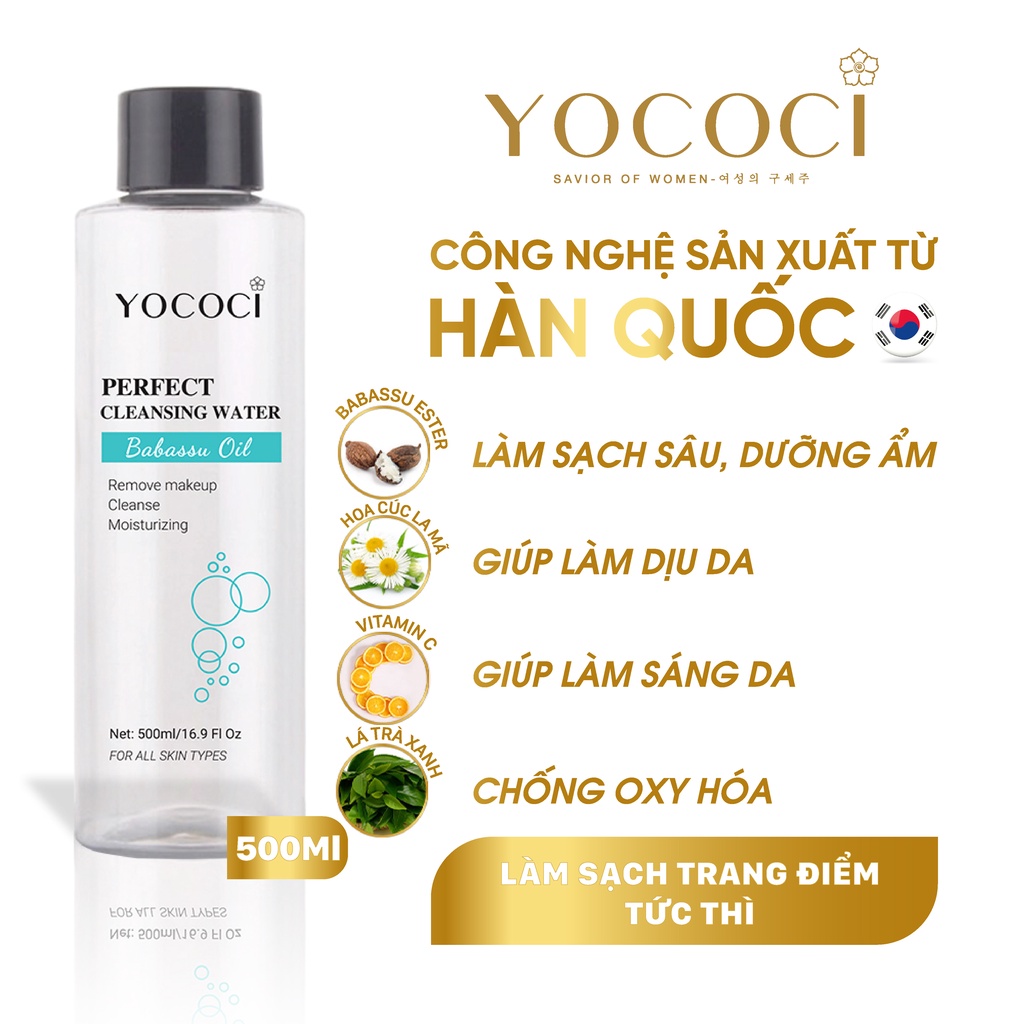 Nước tẩy trang Yococi làm sạch lớp makeup, giữ ẩm, mềm mịn da, không cồn Perfect Cleansing Water 500ml