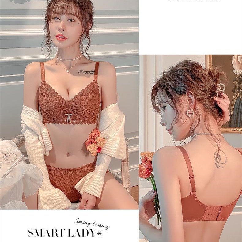 Bộ Áo Ngực Thêu Ren + Quần Lót Cao Su Mềm Mại Không Gọng Thời Trang Có Thể Điều Chỉnh Cho Nữ