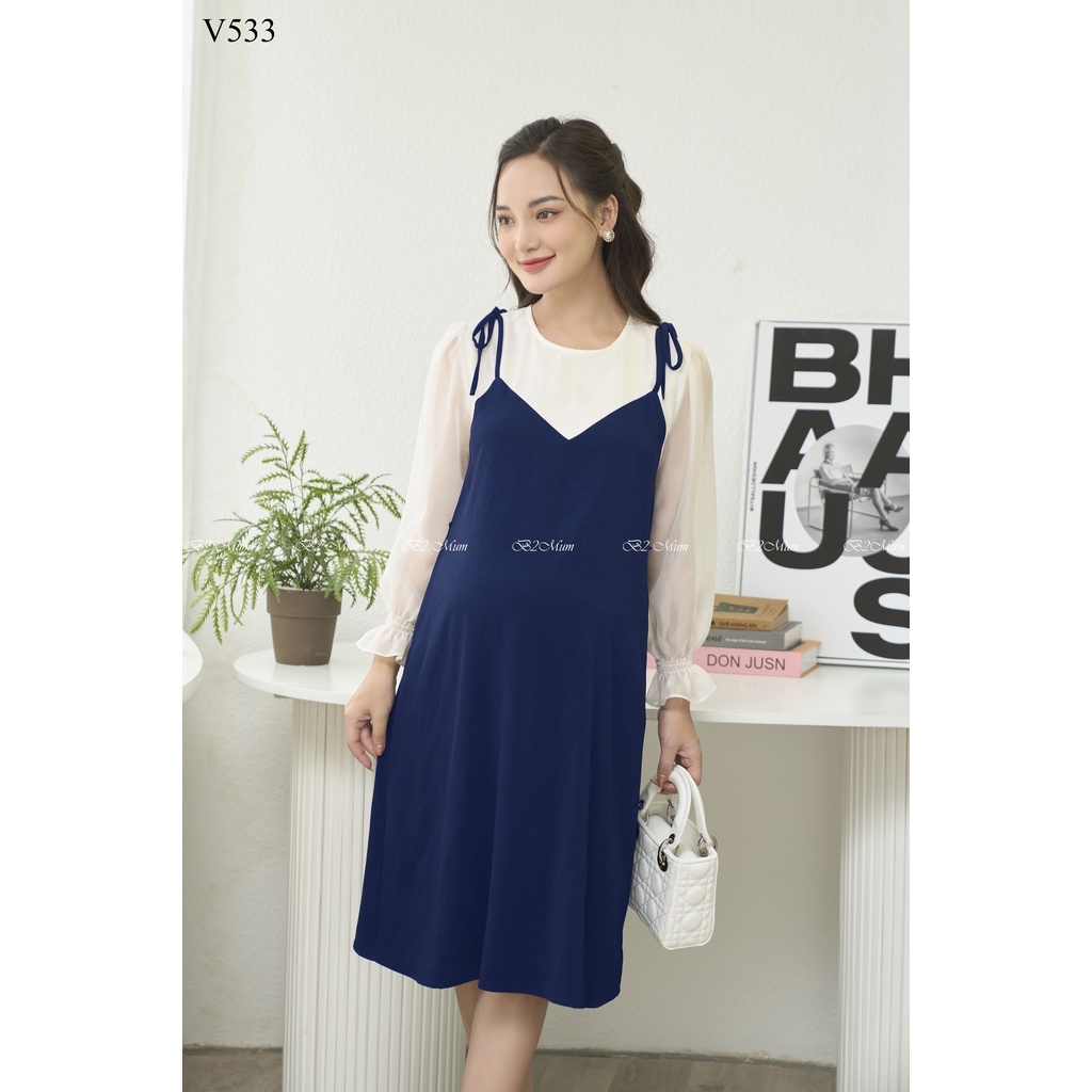 Váy bầu thiết kế công sở dài tay nơ vai dáng dài xuông V533 B2 MUM