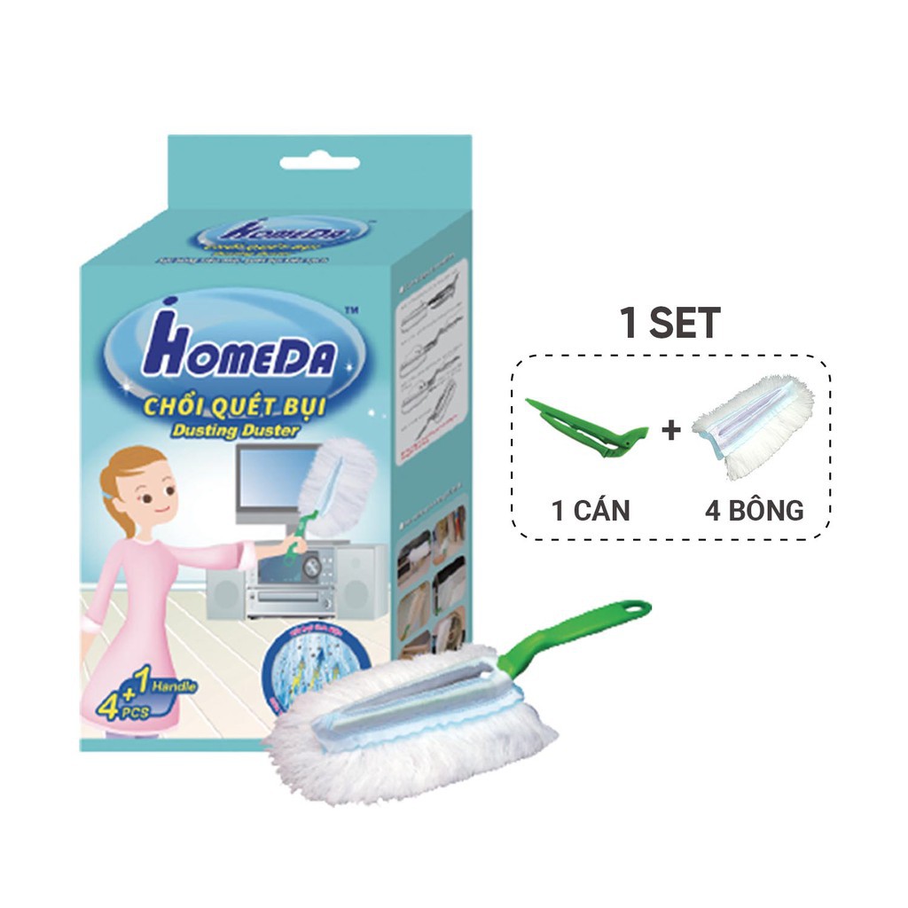 Chổi Quét Bụi, Chổi Lông Gà Quét Bụi tĩnh điện sợi siêu mịn iHomeda (1Cán + 4Bông lau)