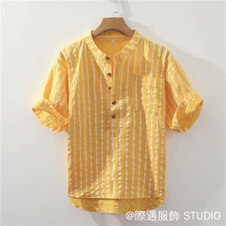 Áo sơ mi vải lanh sọc Nhật Bản 3 màu M-3XL Cổ đứng Áo sơ mi nửa tay Áo sơ mi vải lanh Cotton Áo sơ mi sọc dọc Áo sơ mi dáng rộng Áo sơ mi chui đầu