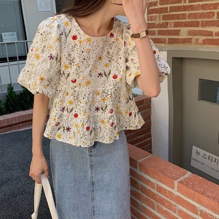 Phong Cách Hàn Quốc Nữ Nữ Thêu Rời Hoa Puff Áo Sơ Mi Tay Ngắn Áo Baju Baju Wanita Lengan Panjang Hàng Mới Sẵn Có