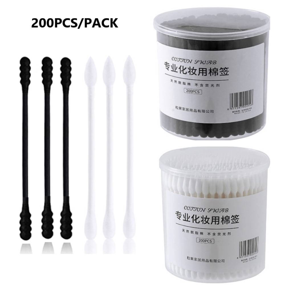 200 miếng tăm bông đen trắng, tăm bông hữu cơ, xoắn ốc / tròn / nhọn, dùng để làm sạch tai và mỹ phẩm, tăm bông vệ sinh và thấm hút, mỹ phẩm dùng một lần
