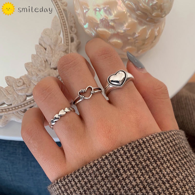 Vintage Trái Tim Rỗng Nhẫn Bạc Nữ Xoắn Mở Nhẫn Bộ Phụ Kiện Trang Sức ...