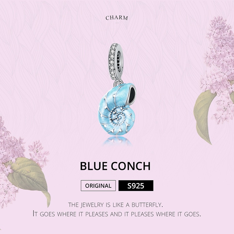 Mặt trang sức Bamoer SCC1560 bằng bạc 925 hình ốc xà cừ màu xanh dương dùng làm vòng tay dễ thương cho nữ