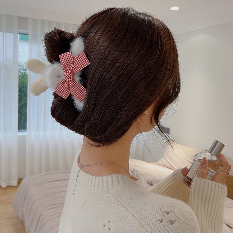 Kẹp Tóc Phủ Lông Đính Thỏ / Gấu Lớn mix Nơ Xinh Xắn Phong Cách Hàn Quốc Phụ Kiện Tóc Nữ Và Bé Gái